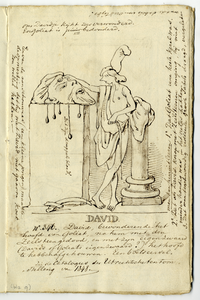 135546 Afbeelding van een geboetseerde beeldengoep voorstellende David met het hoofd van Goliath, met geschreven commentaar.